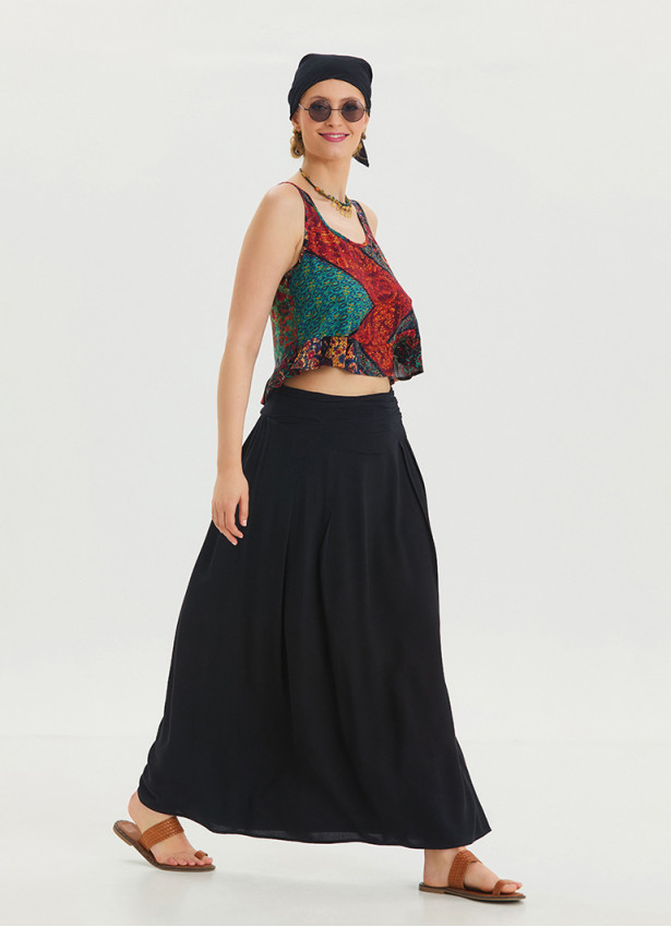 Black Long Skirt with Elastic Waist and Drape Detail 4493